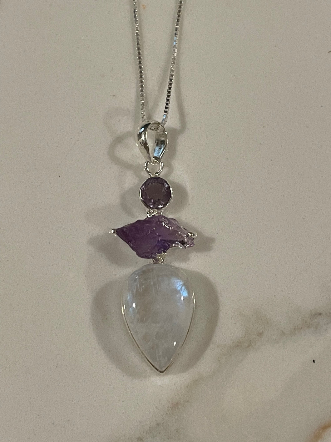 Moonstone & Amethyst Pendant, w/Sterling Silver Box Chain