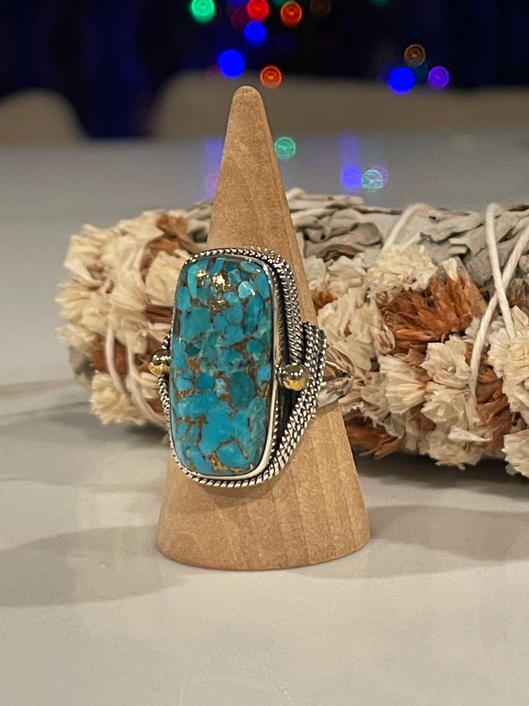 Blue Copper Turquoise, 925 Sterling Silver & Brass Ring