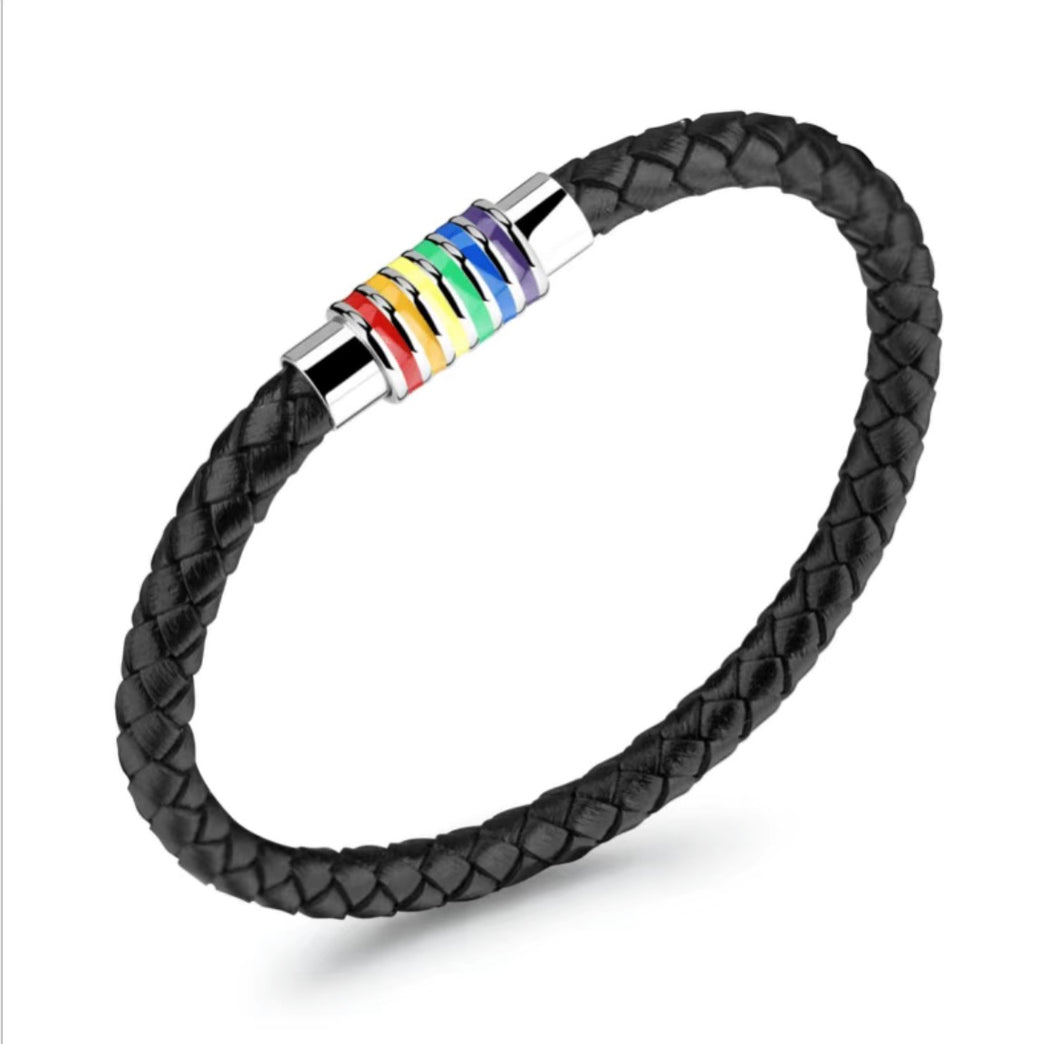 Black Braided Leather Bracelet w/Pride Rainbow Striped Closure