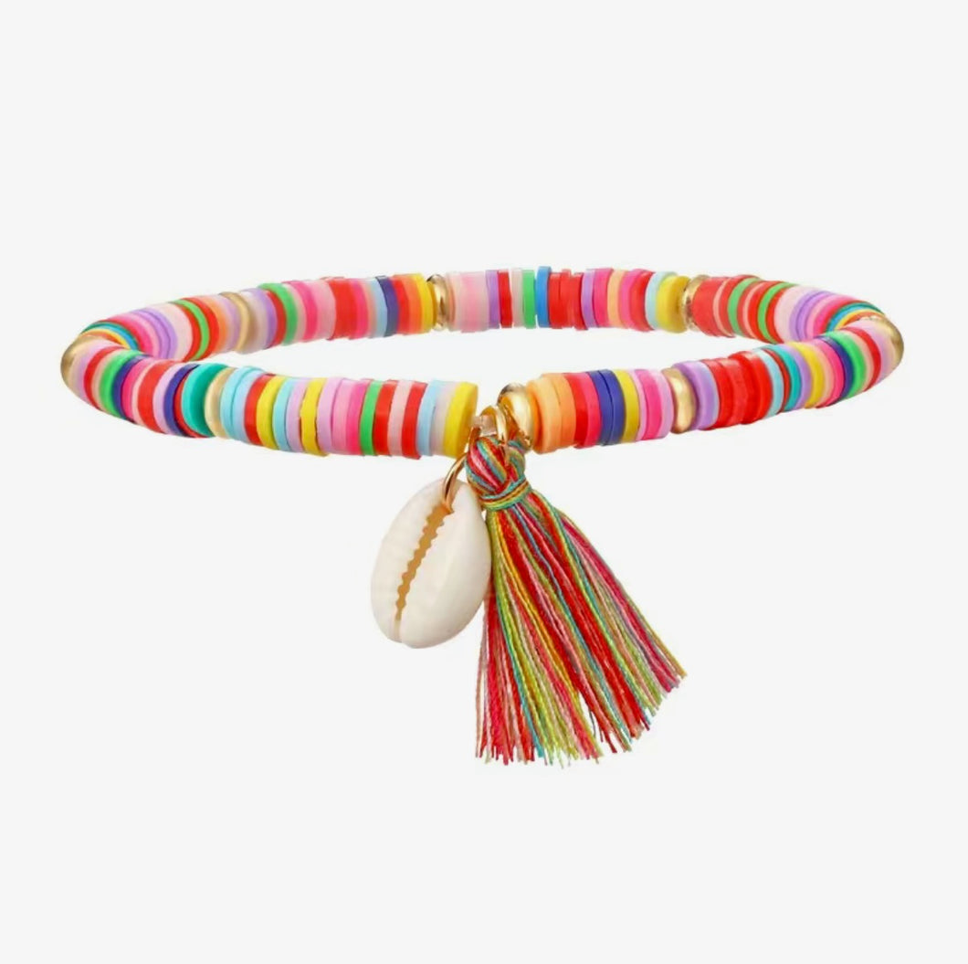 Colorful Clay Bead Anklets with Cowrie & Tassel