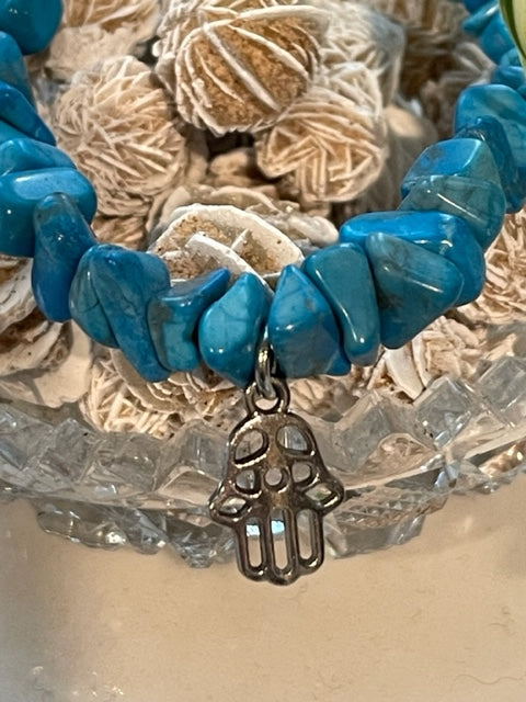 Blue Howlite Chip Bracelet w/Hamsa Hand Charm